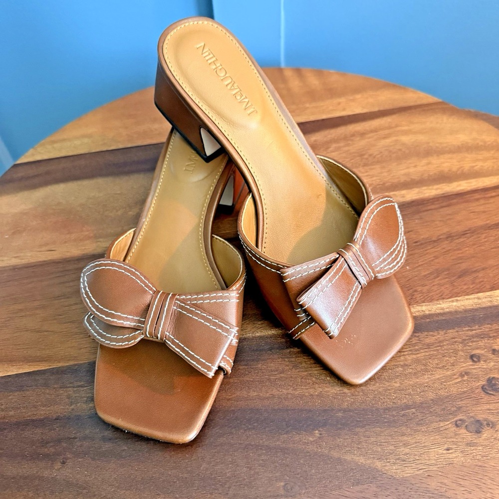 J. McLaughlin Leather Bow Sandals Sz 6 Cognac Brown Block Heel Square Toe Preppy